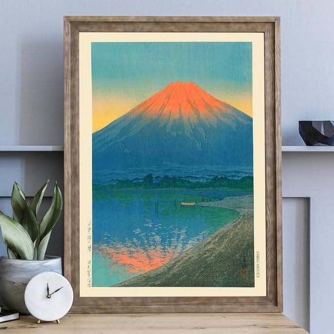 Nationcog Lake Yamanaka and Mount Fuji Woodblock Poster, Japanese Landscape by Kawase Hasui, Ocean Sunset Japandi Decor, Vintage Zen Art Print (Unframed) (11x14)