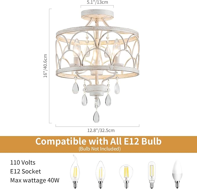 Crystal Ceiling Light Fixture, Modern Small Chandelier Light Fixture, Farmhouse White Semi Flush Mount Ceiling Light, Round Hallway Lighting Fixtures for Bedroom Entryway Dining Room Living Room