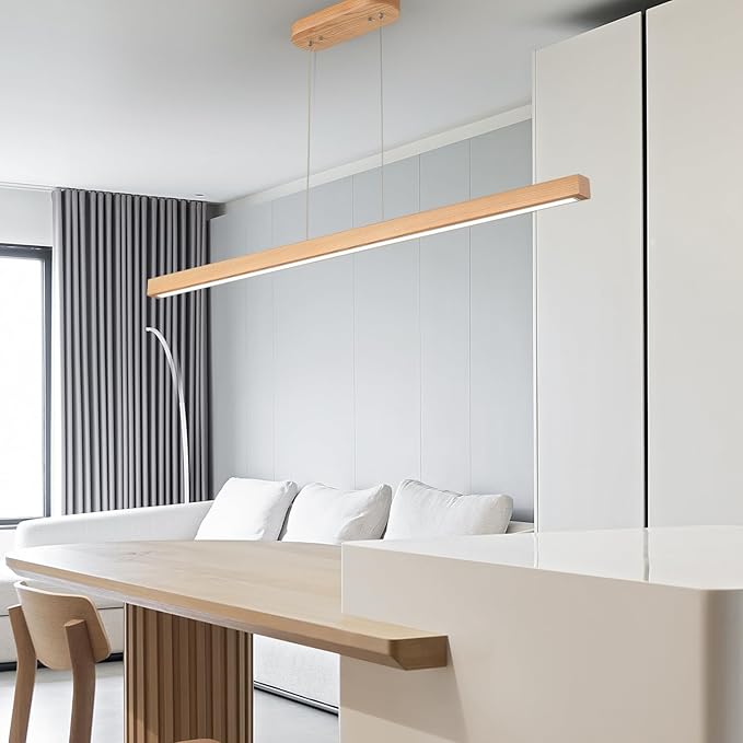 59" Wood Linear Pendant Light Fixtures Led Dining Room Chandelier Linear Kitchen Island Hanging Lights Dimmable Modern Pendant Light for Dining Room Kitchen Island Pool Table Lights Natural