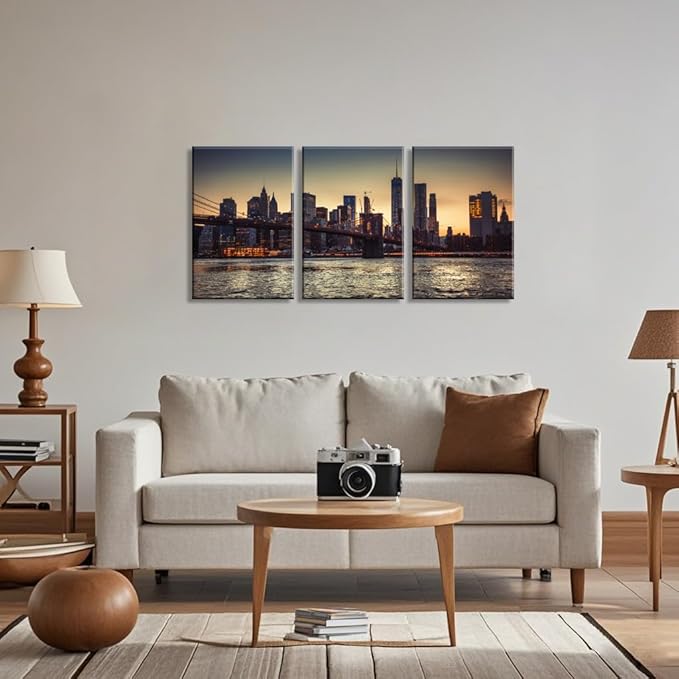 NAN Wind 1PCS New York City Skyline Canvas Wall Art Brooklyn Bridge at Sunset Golden Hour Manhattan Cityscape Pictures Canvas Artwork East River Reflection Modern Urban Home Decor Living Room Office