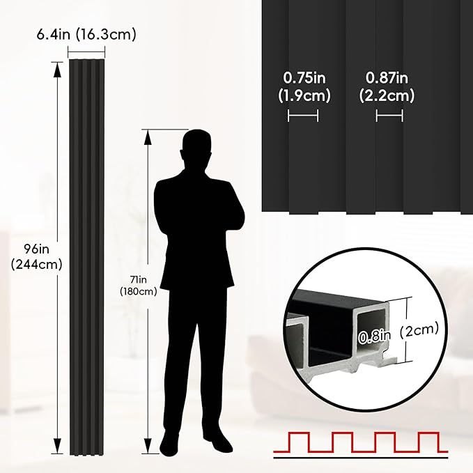 10Pack WPC Slat Wall Panels, 96 x 6.4 x 0.8Inches 3D Accent Wall Panels for Interior Home Decor, Fluted Wood Paneling for Living Room, TV Background, Office, Bedroom (Matte Black)