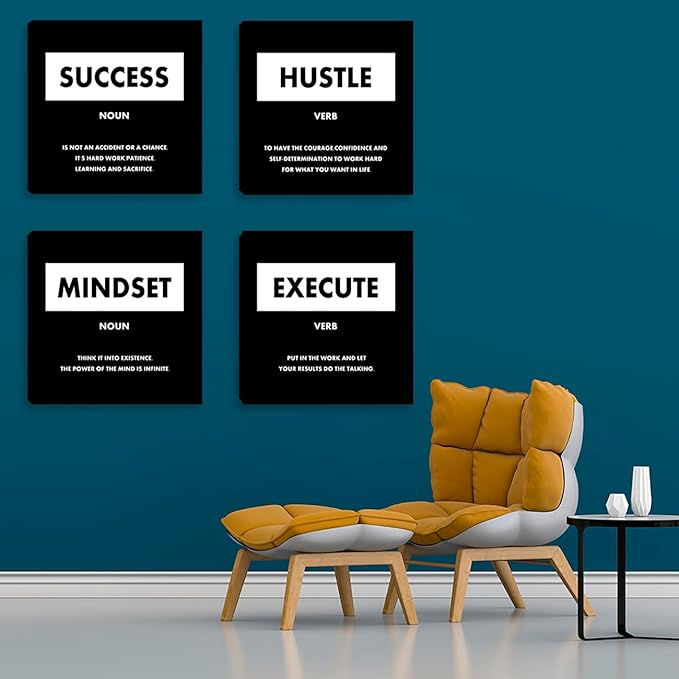 Motivational Wall Art Inspirational Office Wall Decor for Living Room Bedroom Black Decorate Wall Painting Picture Mindset Canvas Posters Prints Framed Art Work Decoration - 12"x12"x4PCS