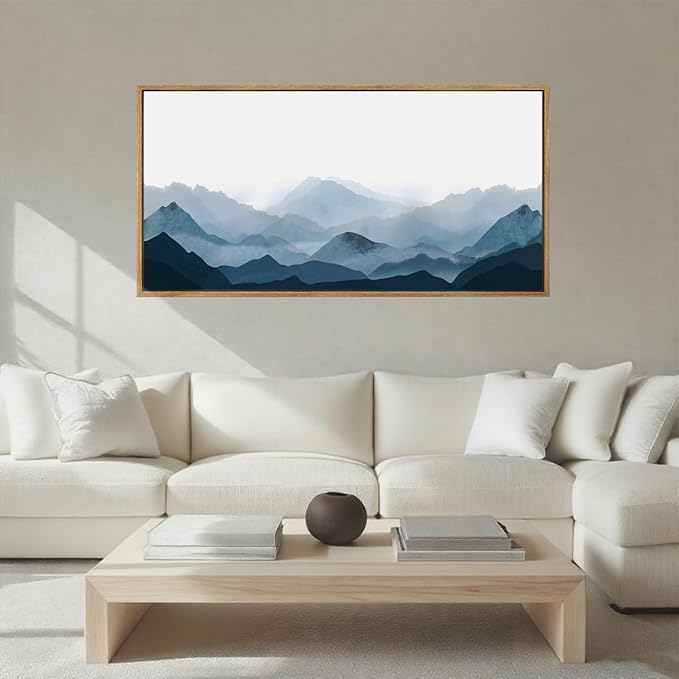 BINCUE Blue Framed Mountain Landscape Wall Art Fog Mountain Painting Wall Decor for Bedroom Living Room Office Decor 40" Lx20 W