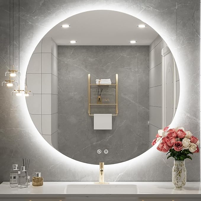 24 Inch Round LED Bathroom Mirror - 6000K Daylight Backlit, Anti-Fog & Dimmable, Frameless Waterproof Mirror with Touch Control, CRI90+, IP54 for Vanity & Makeup