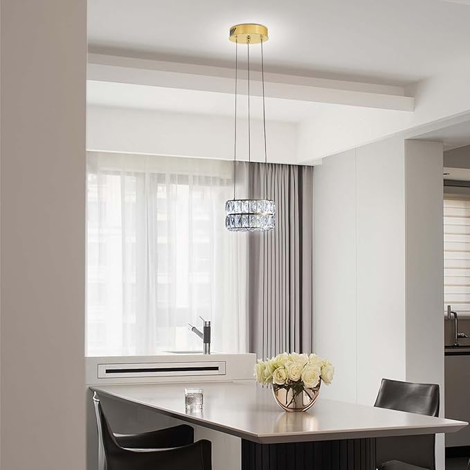 Led 7.8" Gold Ring Crystal Chandelier, Modern Dimmable Chandeliers Lighting and Hanging Adjustable, LED Round Ceiling Light Fixtures for Dining Room Living Room