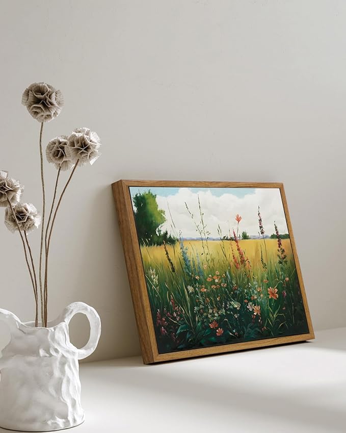 KISSFOX Vintage Wildflower Field Landscape Framed Wall Art Summer Countryside Meadow Canvas Art Farmhouse Rustic Paintings Artwork Nature Serene Art Prints For Kitchen Living room Bedroom