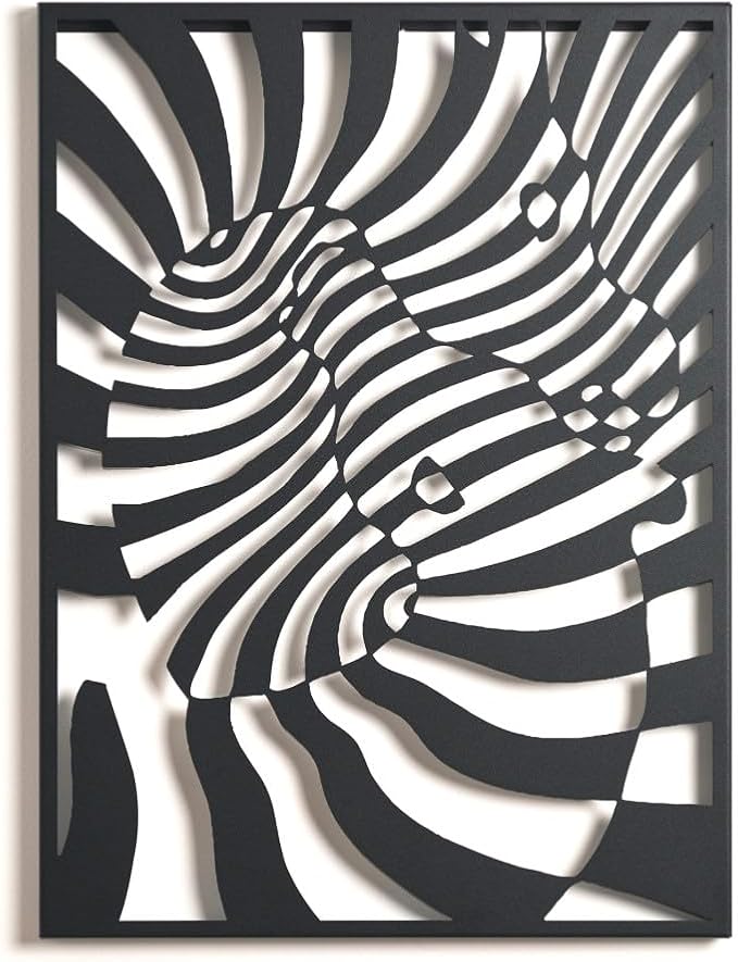 NEODECO Dancing Zebras Metal Wall Art, Black White Animal Wall Decor for home, 3d geometric illusion art sculpture for living room & for bedroom, (Black, Small)