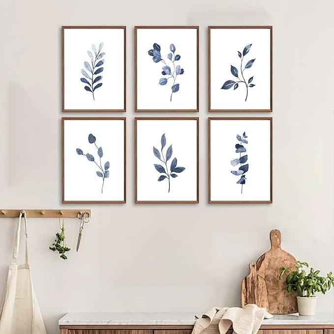 Navy Blue Botanical Wall Art Set of 6 Unframed, Minimalist Abstract Botanical Prints Watercolor Blue White Leaf Plant Wall Decor Canvas Painting, Boho Floral Botanical Wall Decor for Bathroom, Living Room