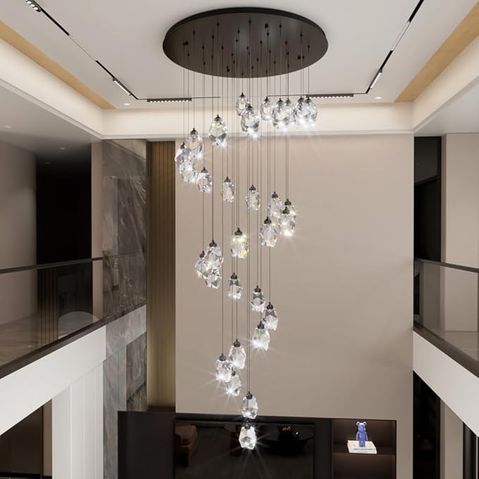 Large Black Staircase Chandelier 150 inch Long Crystal Chandelier for High Ceiling Entrance Crystal Ceiling Lighting LED Dimmable 3000-6000K 32 Light