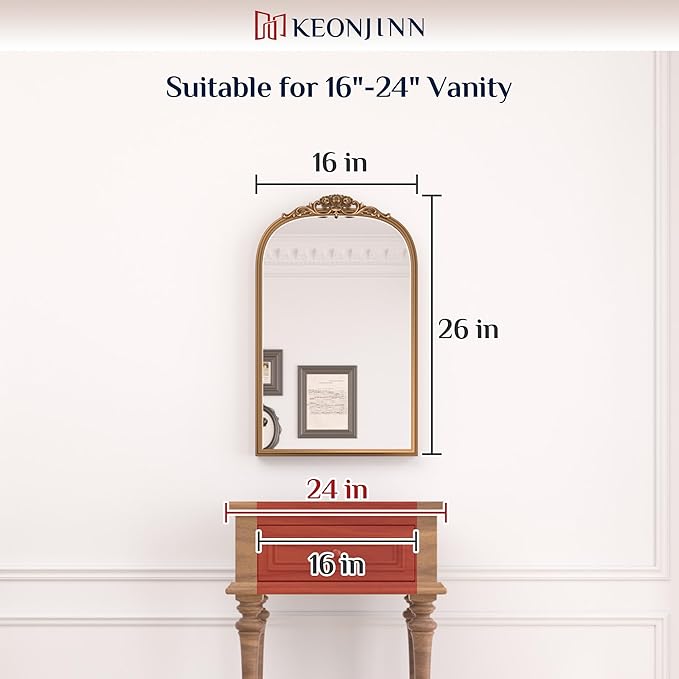 Keonjinn Gold Vintage Arched Mirror for Wall, 16" x 24" Brass Mirror with Metal Frame, Ornate Baroque Decoration for Mantle, Living Room, French Cleat Mounting