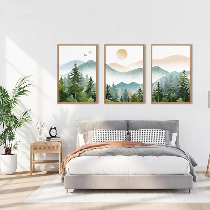 Anyzal Framed Green Mountain Wall Art Forest Painting Framed for Living Room Bedroom Bathroom 16x24 Inch Set of 3