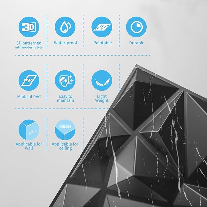 Art3d 3D Diamond Design Paneling for Interior Decor, Living Room, TV Wall Background, Bedroom, Gaming Setup, 11.8" x 11.8", Black Marble, 33 Pack