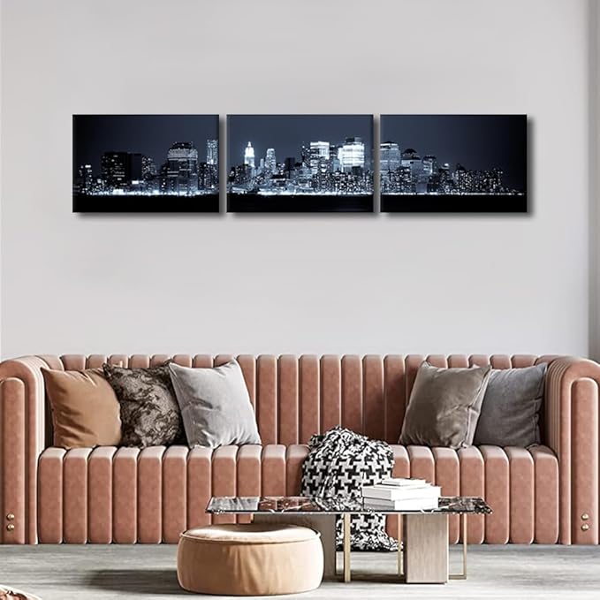 New York Skyline Canvas Wall Art Manhattan Wall Art for Living Room Cityscape at Night Pictures for Bedroom Modern Home Decor Office Bathroom Decorations Artwork Framed Ready to Hang 14x60 Inch