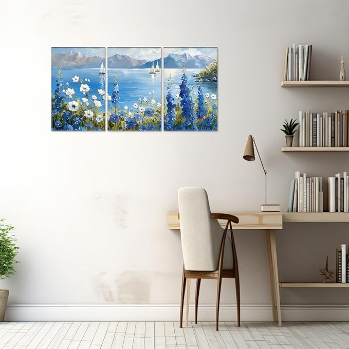 MAMAGO Large 3 Pieces Blue Wildflower Wall Decor Vintage Nautical Plant Canvas Print Oil Painting Coastal Natural Scenery Picture Modern Bathroom Farmhouse Artwork Framed Easy to Hang-24”x36”x3pcs