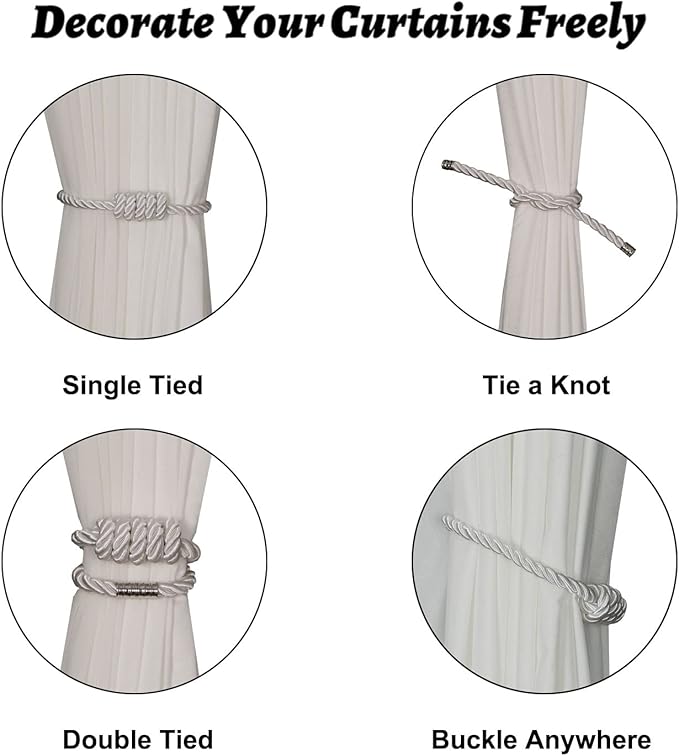 BEL AVENIR Magnetic Curtain Tiebacks, Decorative Drapery Holdbacks Modern Woven Tie-Backs with Exquisite Knot (White, 4 Pack)