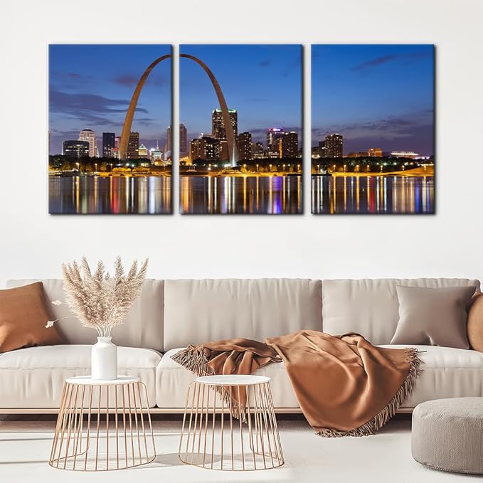 Pacimo Canvas Wall Art for Home Decor St. Louis Skyline Poster Wall Decor Gateway Arch at Sunset Canvas Prints Pictures Cityscape Modern Artwork Stretch and Framed Ready to Hang - 20"x28"x3 Panels
