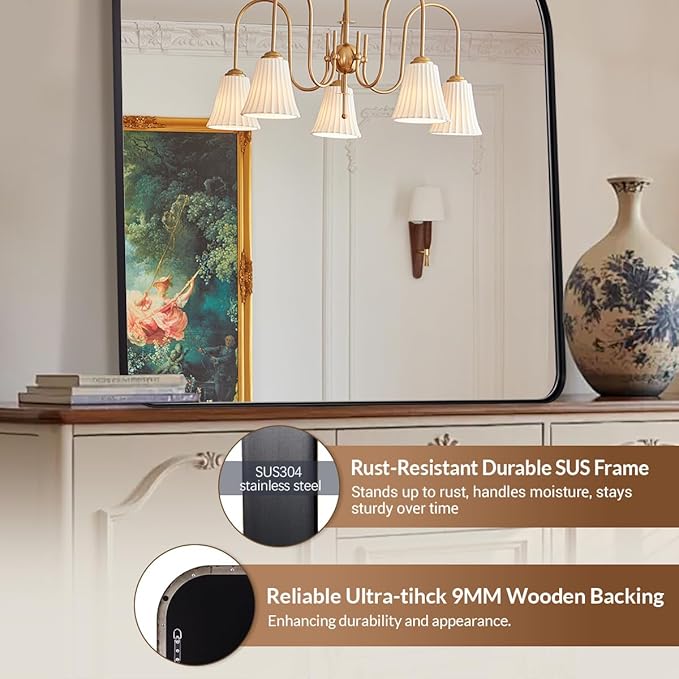 ANDY STAR Black Arched Mantel Large Wall Mirror 30x36, Matte Black Stainless Steel Frame, Arch Mirror with Soft Curved Corner for Bathroom, Entryway, Fireplace Mantel, Bedroom & Living Room Wall Decor