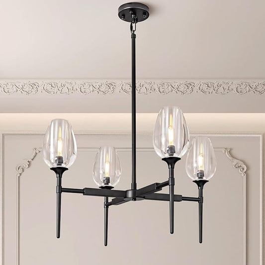 Crystal Black Pendant Lights Kitchen Island, 28" Adjustable Cord Modern Tulip Pendant Light Fixtures,4 Lights Kitchen Pendant Lighting Over Table,Indoor Chandeliers for Bedroom, Bulbs Included