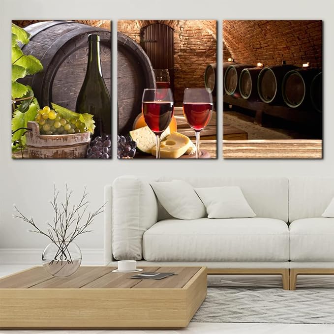 Kitchen Wall Art Red Wine Cellar Pictures Wooden Barrel and Fruit Grape Painting for Living Room 3 Panel Canvas Artwork House Modern Decor Giclee Posters Prints Framed Ready to Hang - 20"x28"x3