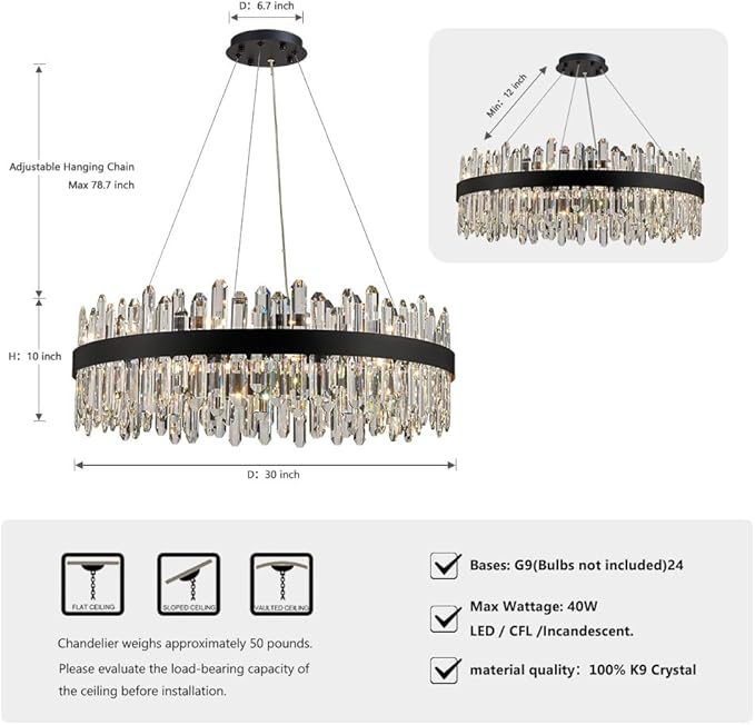 Black Modern Oval Crystal Chandelier, 24-Lights Luxury Chandeliers 2-Tiers K9 Crystal Chandelier Pendant, Light Fixture G9 Lights for Dining Living Room Entryway Kitchen Dia 30 inch