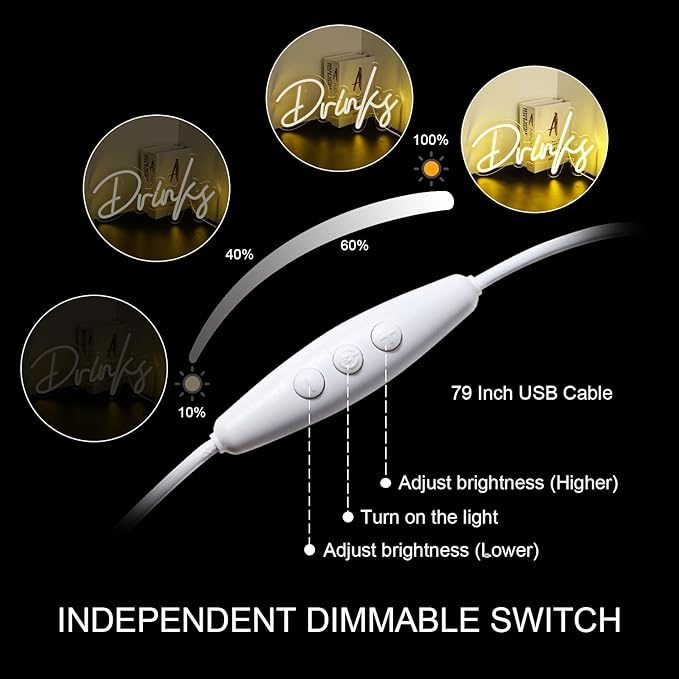 Looklight Drinks Neon Sign,Letters Bar Neon Light,Led Neon Signs for Wall Decor,Warm White Neon Light Sign,USB Light Up Sign for Kitchen Restaurant Bar Cart Accessories Christmas