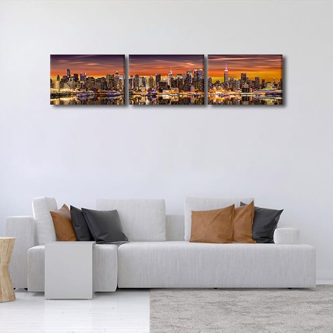 Canvas Wall Art for Living Room New York City Panorama Modern Home Decor Cityscape Sunrise View HD Printed Posters for Bedroom Office Wall Art Painting Bathroom Pictures Ready to Hang 12x48 Inch