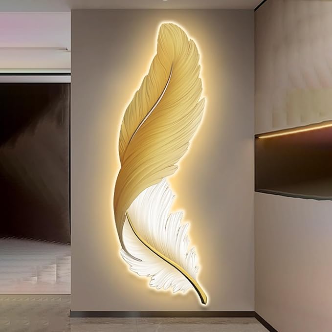 Large Feather Wall Hanging Sculpture Painting with LED Light,3D Wall Feather Sculptures Painting Hanging Wall Art with Led Light,for Hallway, Living Room(Type D,35x100cm/13.7x39.4in)