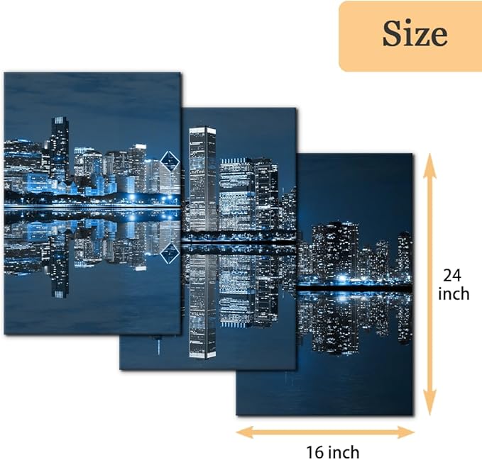 Pacimo Chicago Cityscape Modern Canvas Wall Art Prints Artwork Skyscrapers at Night View Paintings City Skyline Pictures Painting for Home Decorations Decor Framed Ready to Hang - 16"x24"x3 Panels