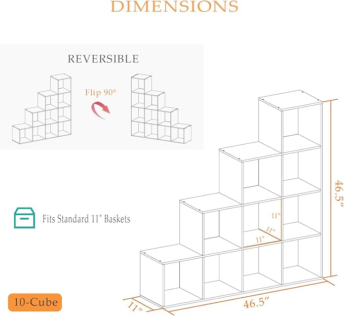 Ladder Cube Storage Bookcase - Wooden L-Shaped 4-Tier Corner Shelf, Reversible 10-Cube Organizer for Home & Office, Black