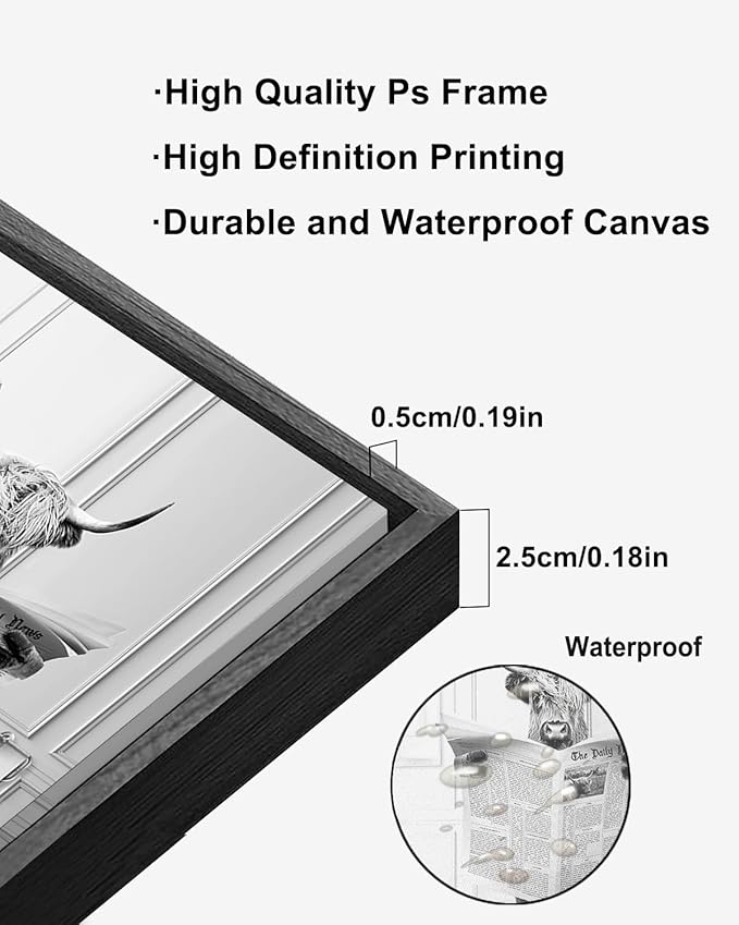 KBKBART Framed Highland Cow Bathroom Art, 12x16 Inch Canvas Cow in Bathtub, Black and White Wall Art, Cute Humor Animal Bathroom Decor