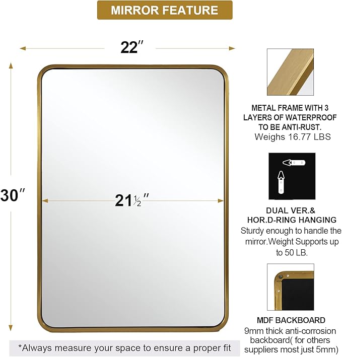ANDY STAR Brass Mirror Bathroom, 22x30’’ Rounded Rectangle Mirror, Brushed Gold Bathroom Vanity Mirror Non-Rusting SUS304 Metal Tube Frame 1’’ Deep Wall-Mounted Mirrors Vertical/Horizontal
