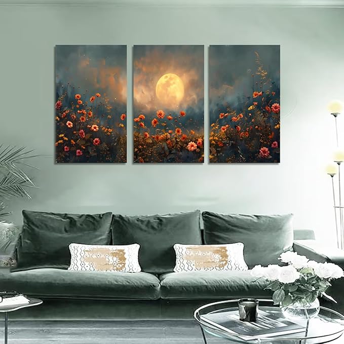 3 pcs Midnight Wildflower Framed Canvas Wall Art Moonlit Red Floral Wall Decor Nature Inspired Landscape Artwork Art Prints for Living Room Bedroom Farmhouse- 24"x36"x3pcs