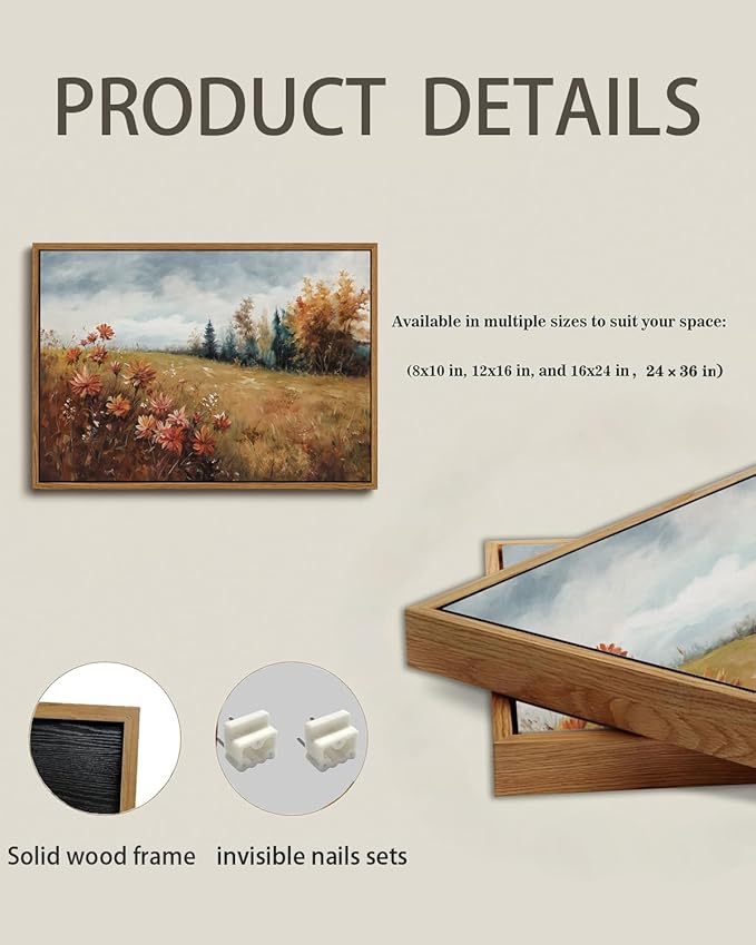 KISSFOX Vintage Fall Countryside Framed Wall Art Autumn Wildflower Forest Landscape Canvas Art Farmhouse Floral Golden Fields Paintings Artwork Rustic Serene Art Prints For Kitchen Living room Bedroom