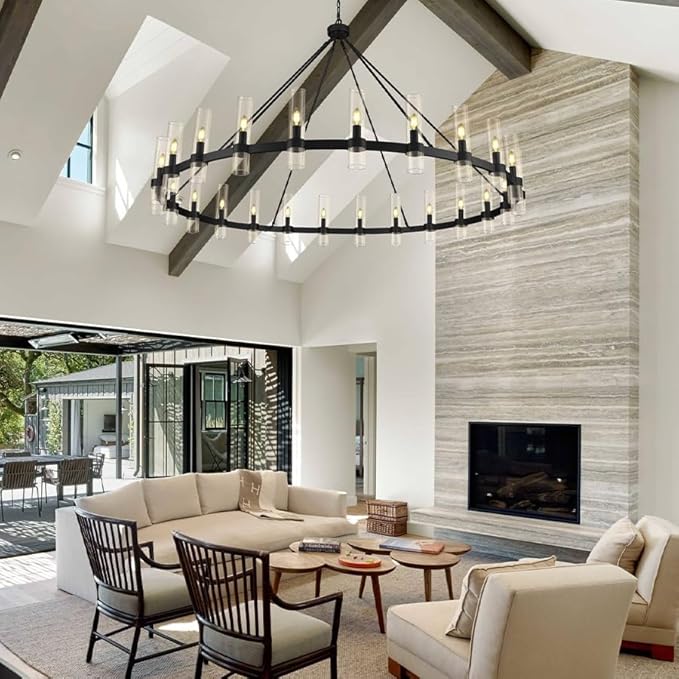 Black Wagon Wheel Chandelier 70 Inch, Large Chandeliers for High Ceilings, 24-Light Chandelier with Glass Shade, Modern Farmhouse Chandeliers for Living Room, Dining Room and Foyer(24 Bulbs Included)