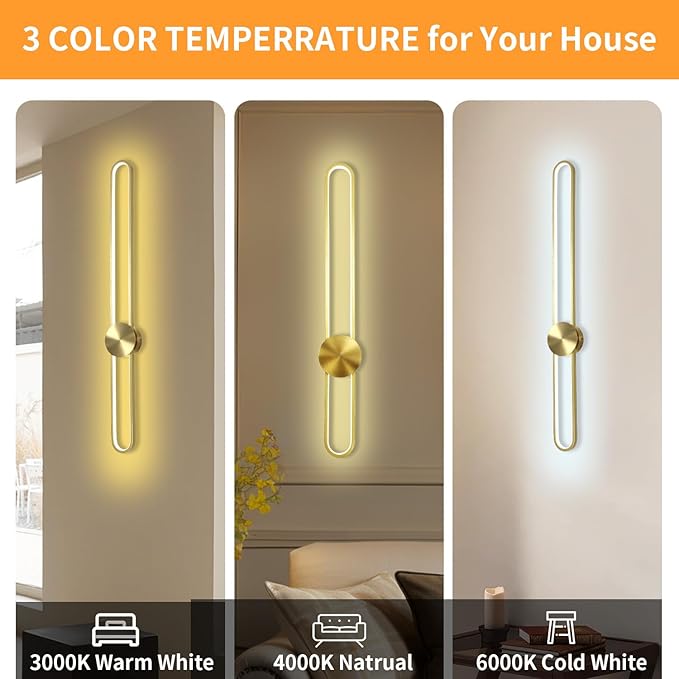 Modern Wall Sconce Dimmable 3000K/4000K/6000K LED Wall Light Fixture, Hardwired Wall Lamp for Living Room, Dining Room, Bedroom, Hallway, Lobby, Entryway (Brushed Gold, 22inch/H56cm)