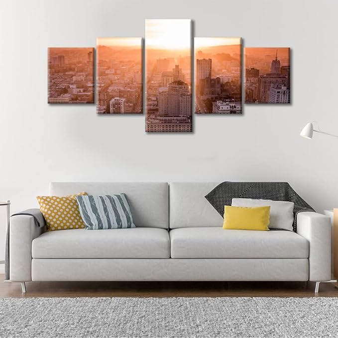 Beautiful California Cityscape Home Decor Posters and Prints California City Skyline Art Prints 5 Piece City Sunset Pictures Canvas Wall Art House Decor Stretched and Framed Ready to Hang (50"Wx24"H)