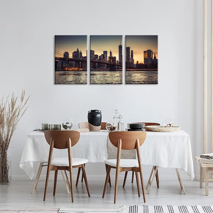 NAN Wind 3PCS New York City Skyline Canvas Wall Art Brooklyn Bridge at Sunset Golden Hour Manhattan Cityscape Pictures Canvas Artwork East River Reflection Modern Urban Home Decor Living Room Office
