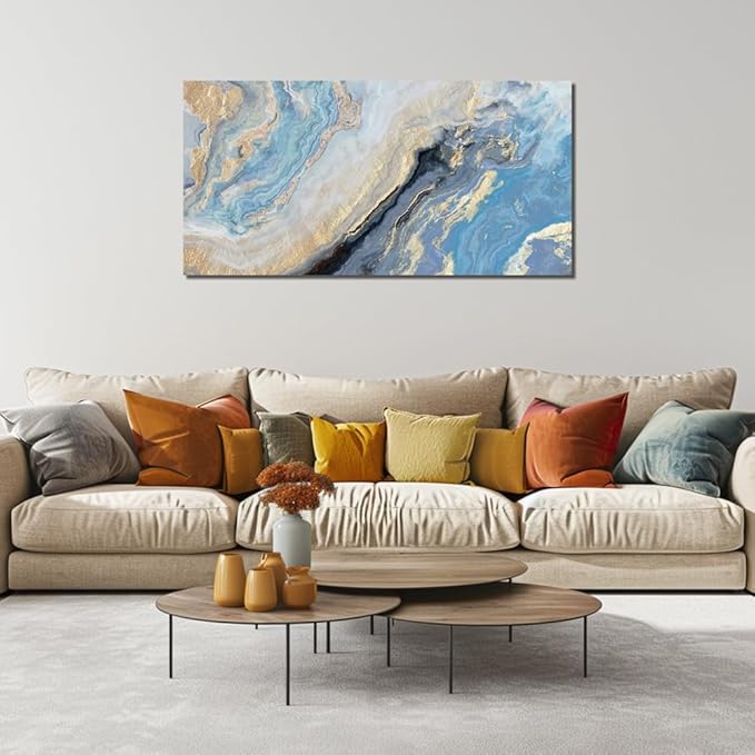 Abstract Canvas Wall Art Decor for Living Room Blue Gold Marbling Pictures Painting for Bedroom Modern Abstract Canvas Art Ptints for Office Home Decorations (24x48inches)
