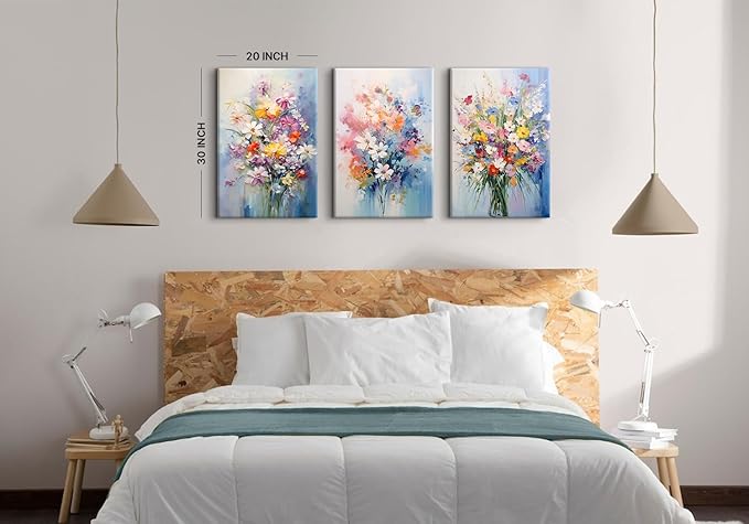 Colorful Flower Pictures Wall Decor Nature Wildflower Canvas Art for Bedroom Abstract Botanical Floral Oil Painting Prints Artwork Daisy Poppy Bouquet Poster Living Room Home Decorations 20x30” 3 Pcs