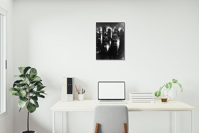 Abstract Cityscape Wall Art, Modern Urban Night Skyline Canvas Painting, Contemporary Expressionist City Decor (Black, 20" W x 27" L / 52x70cm, Framed)