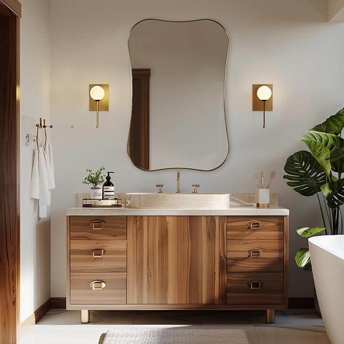 ANDY STAR Brushed Gold Bathroom Mirror, Modern 24x36'' Rounded Scalloped Brass Mirrors with Notched Edges in 1 Inch Stainless Steel Frame Wall Mounted for Bathroom Vanity, Powder Room