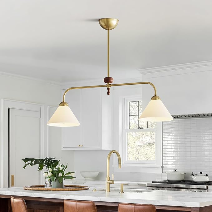 Linear Chandelier, Modern Chandelier for Dining Room Light Fixture, Dining Light Fixtures with Milk Glass Shade Pendant Lights Kitchen Island for Restaurant, Living Room (Gold + Wood, 2-Lights)