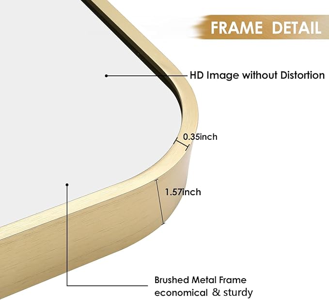 24x32 Inch Gold Bathroom Mirror, Brushed Gold Metal Framed Rectangular Mirror with Rounded Corner, Bathroom Vanity Mirror for Bedroom or Living Room, Horizontal/Vertical
