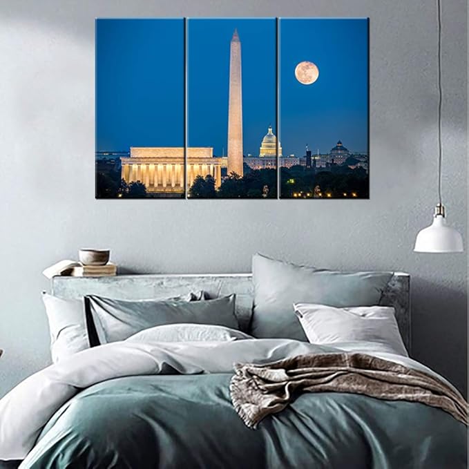 Lincoln Memorial, Washington Monument and Capitol Building in Washington DC, USA Print On Canvas Wall Artwork Modern Photography Home Decor Unique Pattern Stretched and Framed - 28‘’x14‘’x3 panels