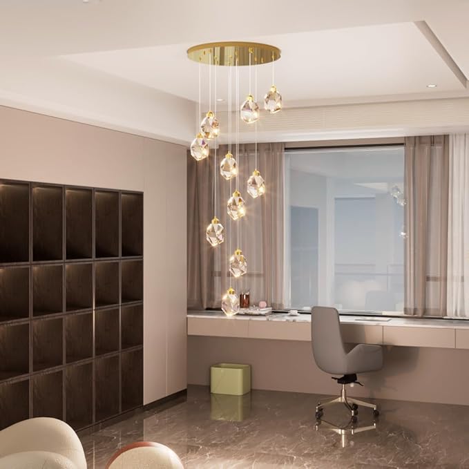 10-Lights Gold Crystal Chandeliers for Living Room 120 inches Long Staircase Chandelier Foyer Entrance Crystal Ceiling Light High Ceiling Chandeliers LED Dimmable 3000-6000K