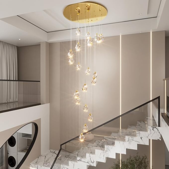 16-Lights Gold Long Spiral Staircase Crystal Chandelier 130 inch Foyer Entrance High Ceiling Chandelier Lighting LED Dimmable 3000-6000K
