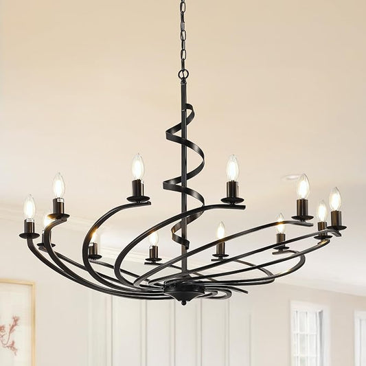 Black Chandelier, 12-Light Farmhouse Chandeliers for Dining Room, Rustic Kitchen Island Lighting, Modern Chandelier for Living Room, Hanging Pendant Lights for Bedroom, Foyer, Staircase, Entry
