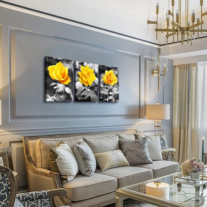 Canvas Wall Art For Bedroom Living Room Wall Decor For Kitchen Office Wall Pictures Artwork Black And White Yellow Rose Flowers Paintings 20" X 28" 3 Pieces Framed Modern Bathroom Home Decor