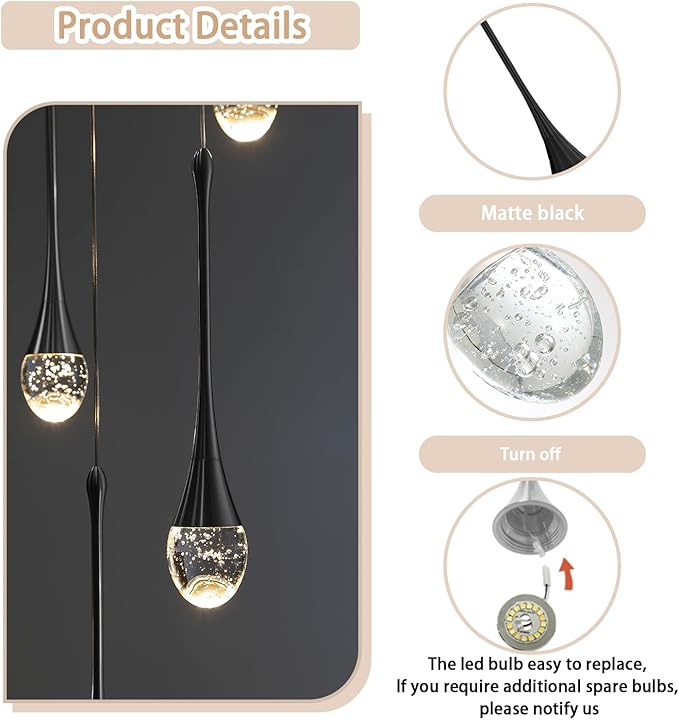 6-Lights Black Dinning Room Crystal Chandeliers Bubble Raindrop Big Crystal Penant Chandeliers Living Room Dimmable 2700-6000k LED Loft Ceiling Lighting Fixture…