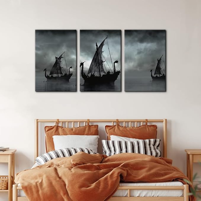 Pacimo Black and White Painting Wall Decor Vikings Ship Artwork Fantasy Sailing Boat Pictures for Living Room 3 Panel Dragon Modern Canvas Wall Art Framed Posters Prints Ready to Hang - 16" x 24" x 3